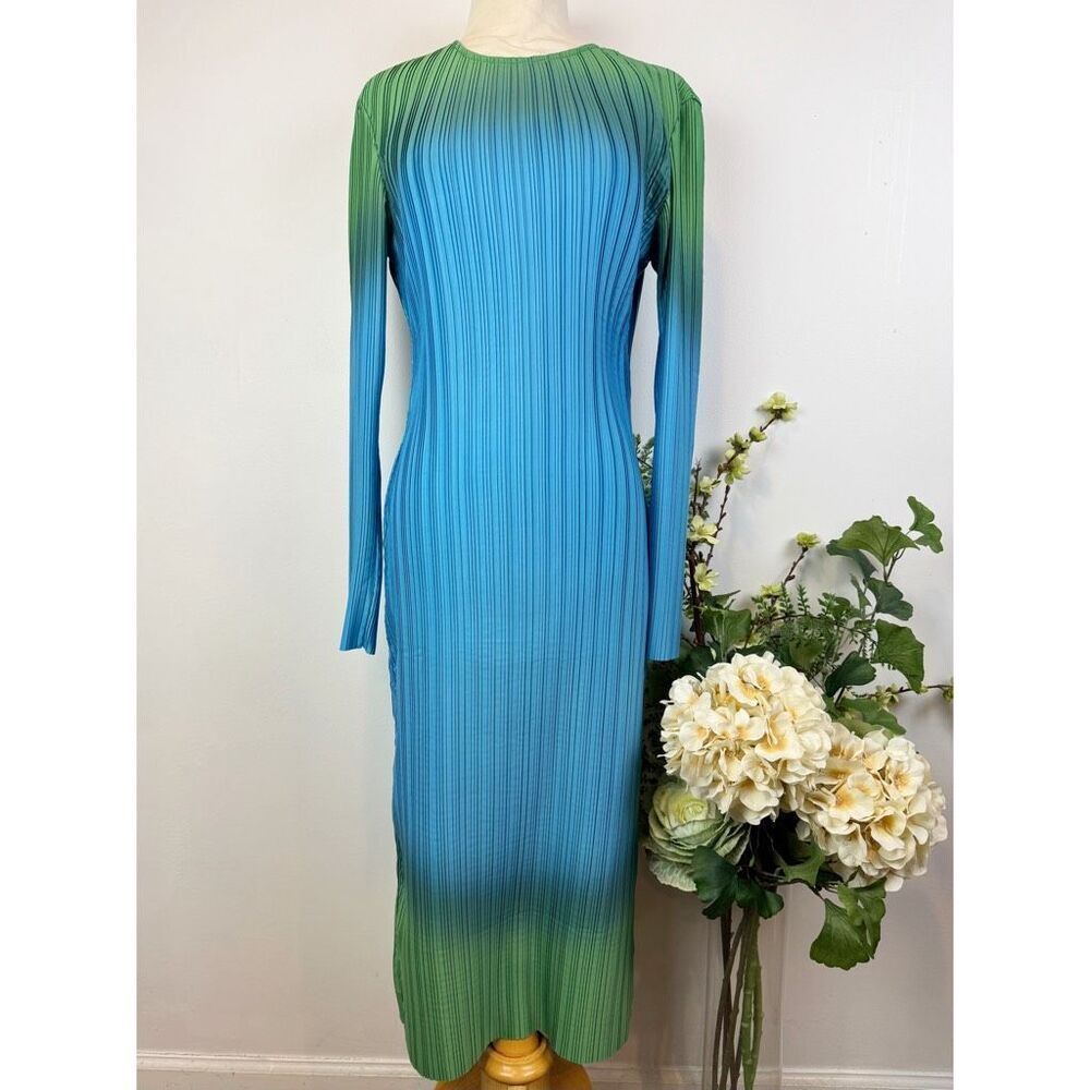 Arthur * Ribbed Pleated Midi Dress Ombré Blue Green Long Sleeve US 6 Free People - Picture 2 of 15